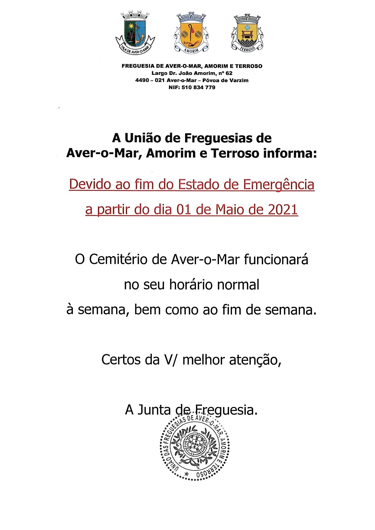 HORÁRIO DE FUNCIONAMENTO DO CEMITÉRIO AVER-O-MAR