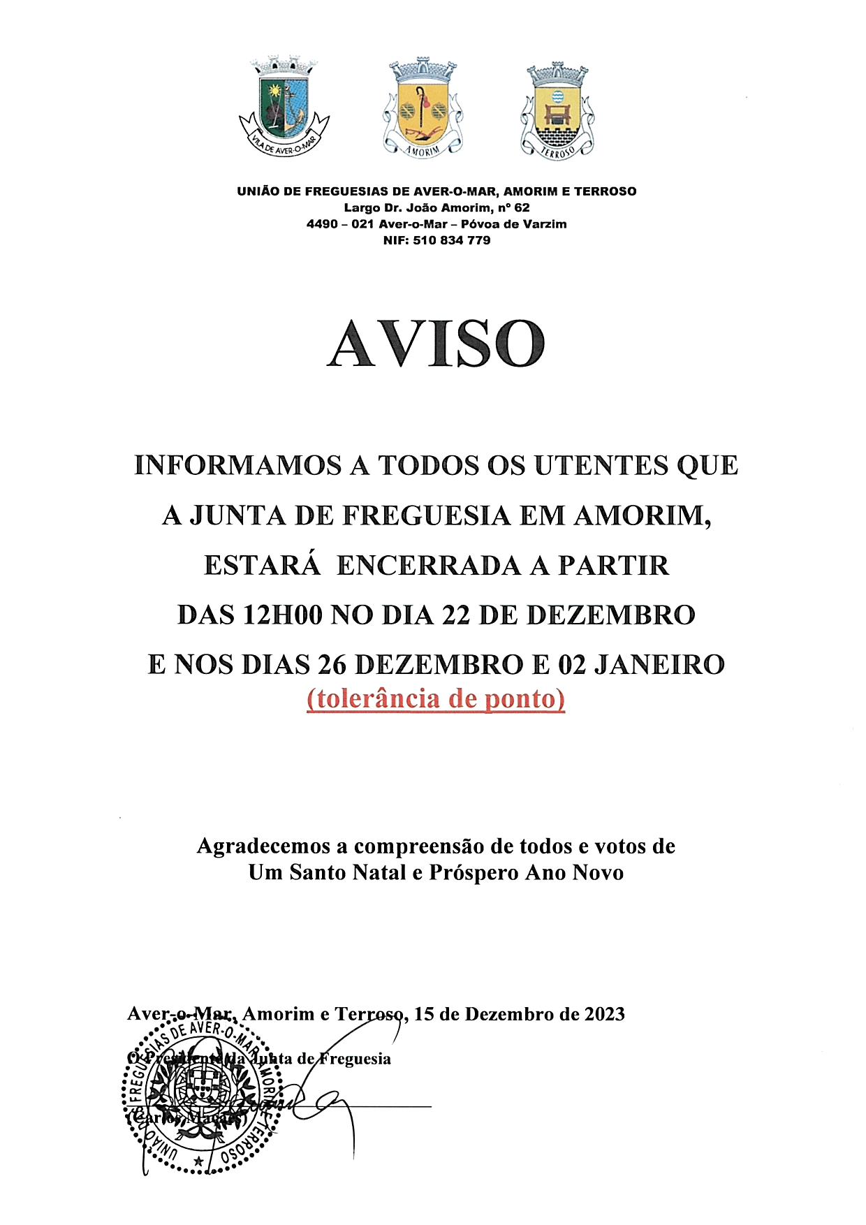 Encerramento da Junta de Freguesia em Amorim nos dias 22 e 26 Dezembro 2023 e dia 02 Janeiro 2024