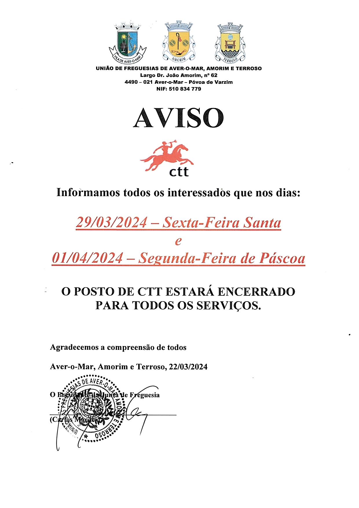 Aviso Encerramento Posto CTT de Amorim (Páscoa 2024)