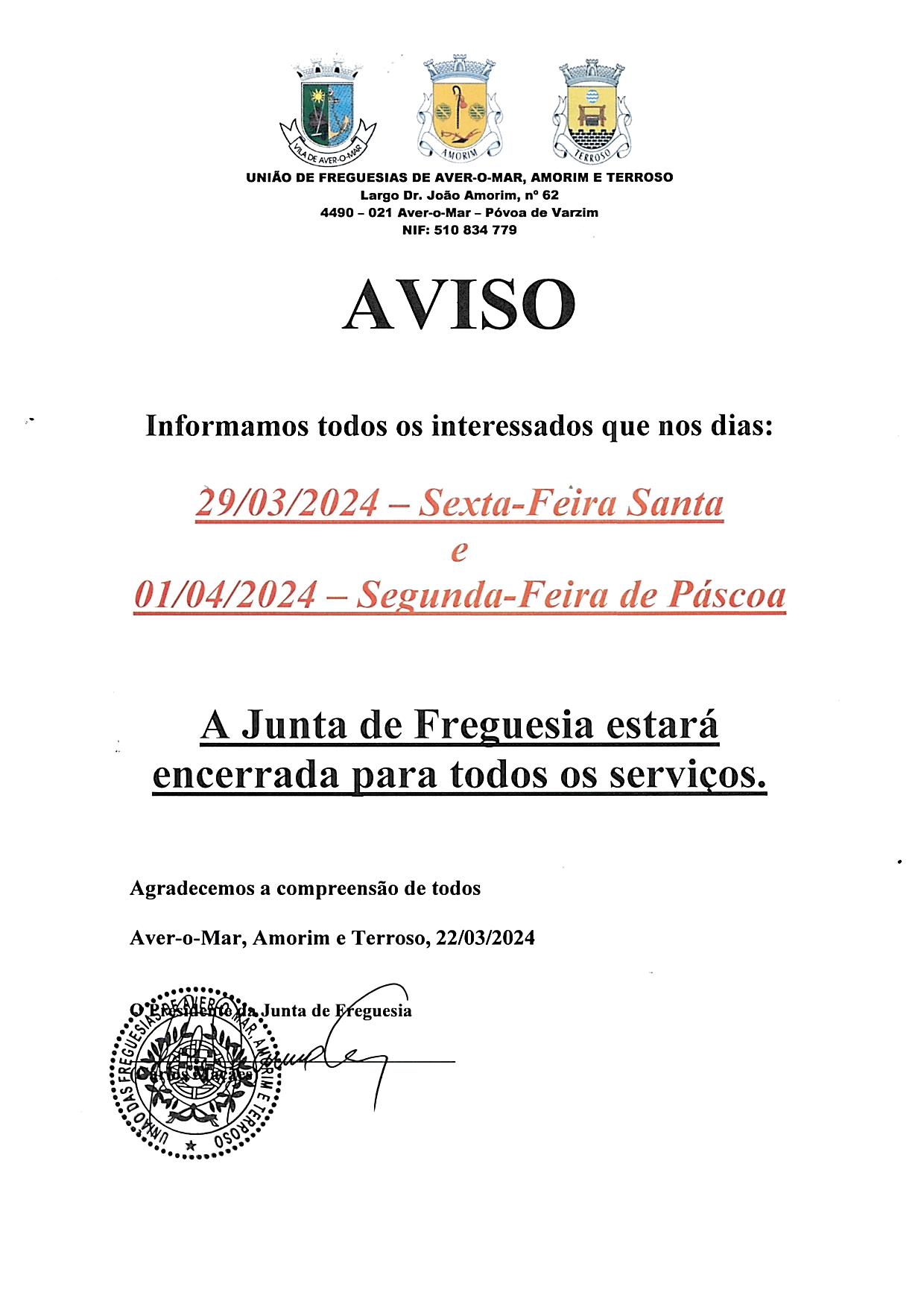 Aviso Encerramento dos Serviços da União de Freguesias Aver-o-Mar, Amorim e Terroso (Páscoa 2024)