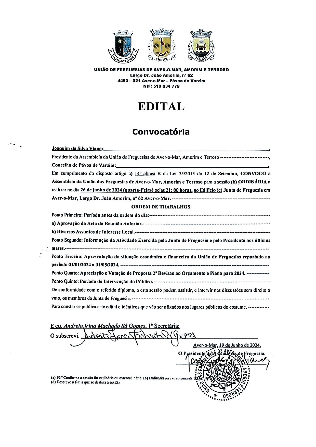 Convocatória – Sessão Ordinária da Assembleia de Freguesia