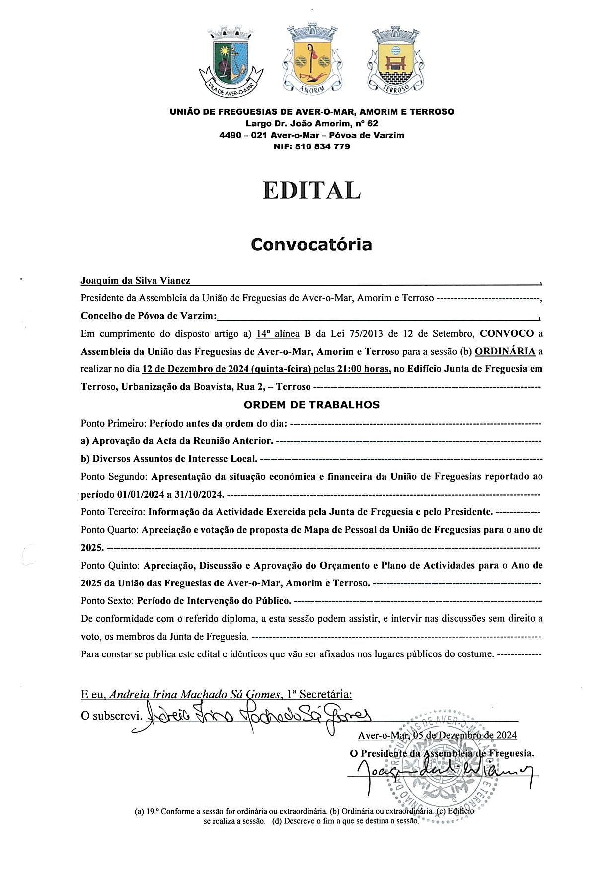 Convocatória – Sessão Ordinária da Assembleia de Freguesia