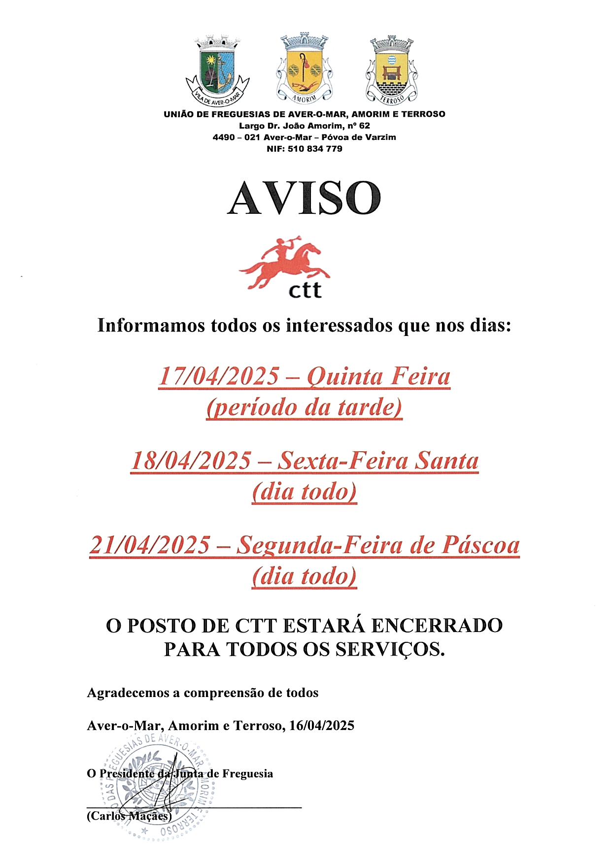 Encerramento Posto CTT Amorim – Páscoa 2025