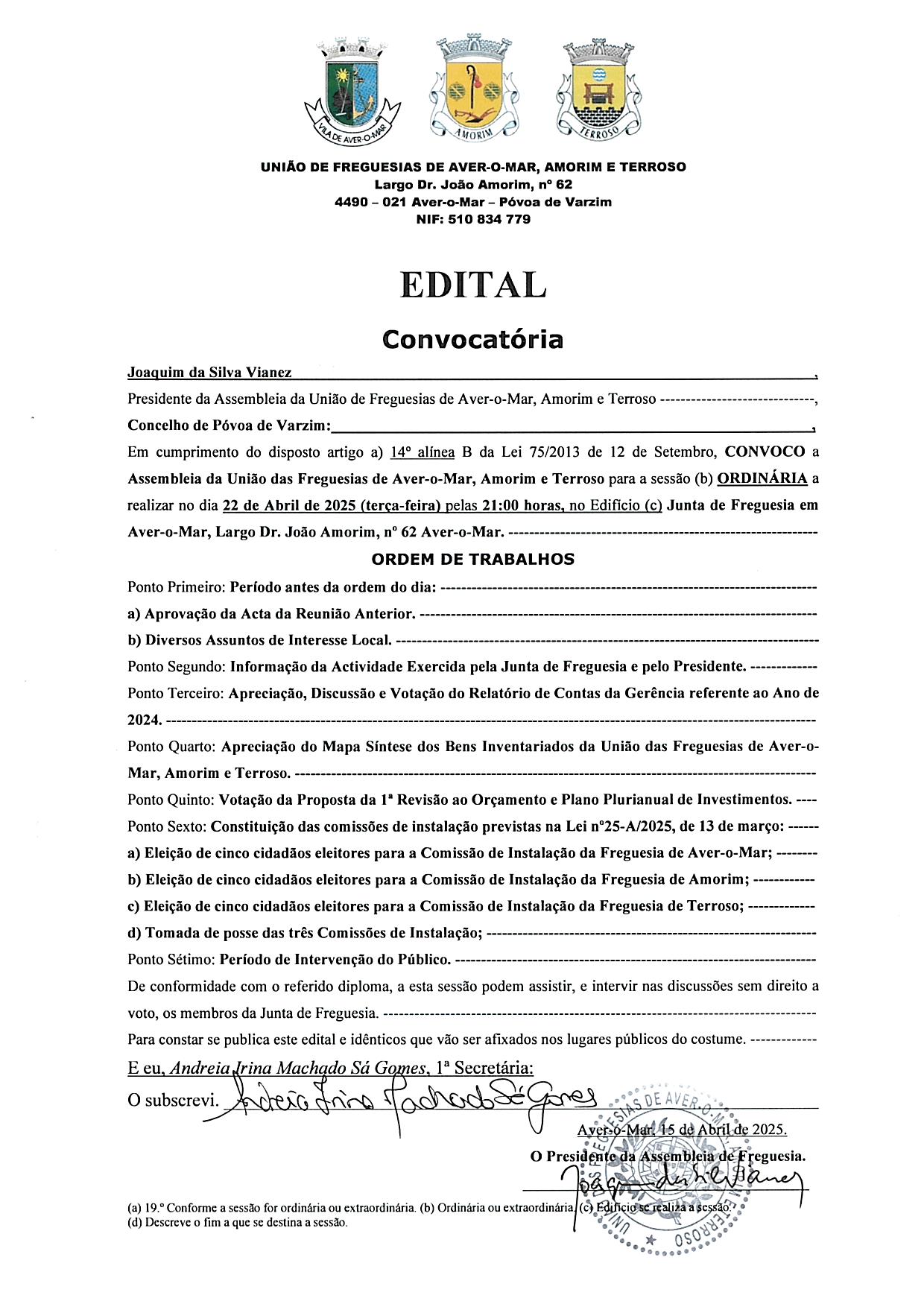 Convocatória – Sessão Ordinária da Assembleia de Freguesia