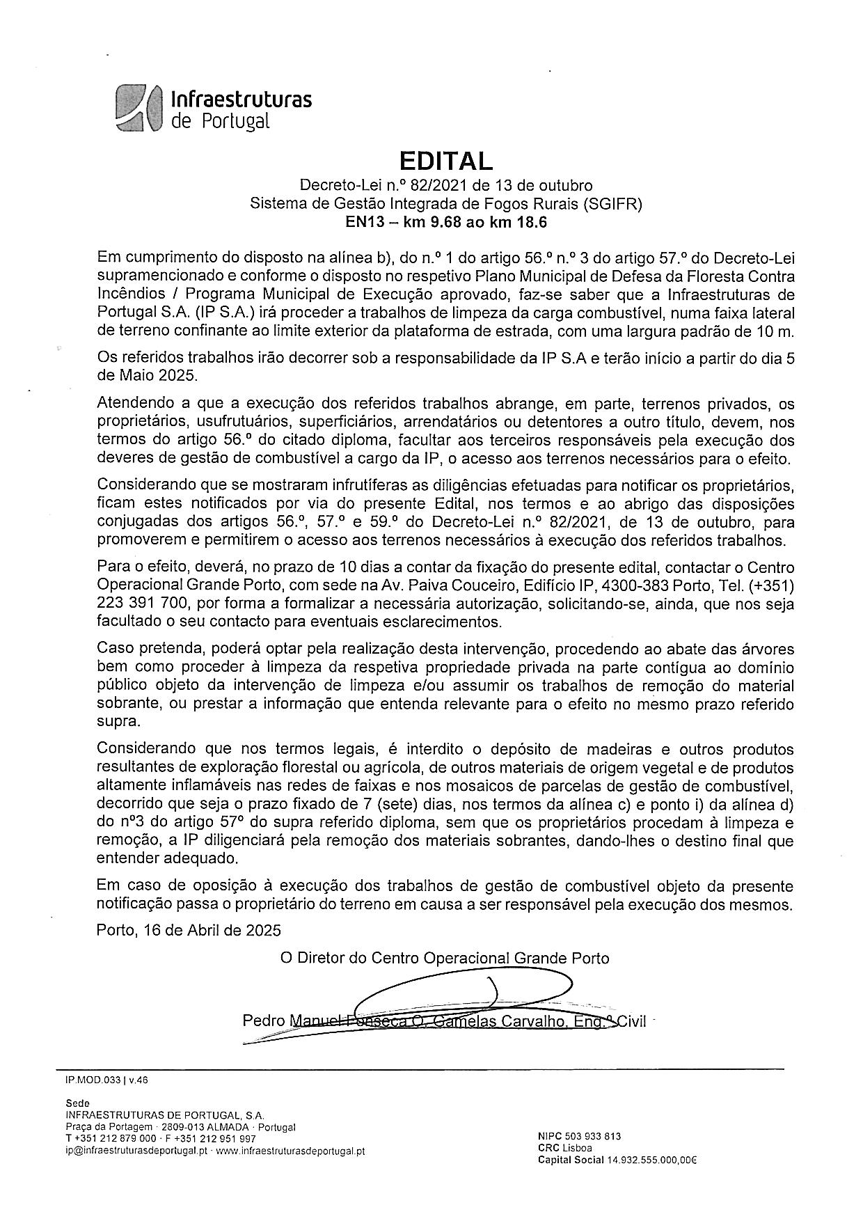 Infraestruturas Portugal – Limpeza Faixas de Gestão de Combustível (EN 13 do Km 25.355 ao Km 36.38) Decreto Lei nº 82/2021, de 13 Outubro